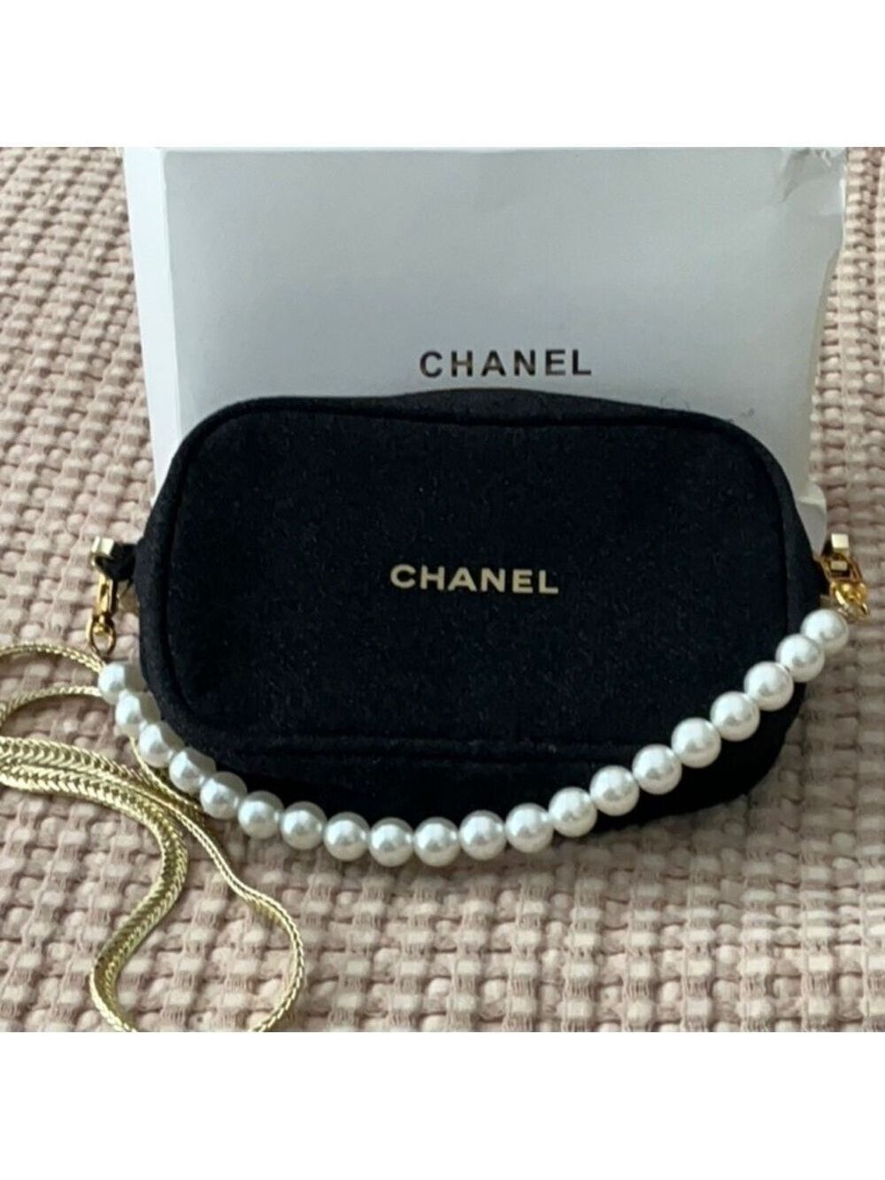 Chanel Black Bag with Pearl and Gold Strap